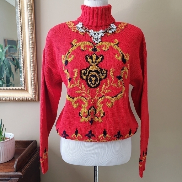 Liz Claiborne Sweaters - Vintage Liz Claiborne Red Gold Silk Cotton Ornate Regency Turtleneck Sweater M